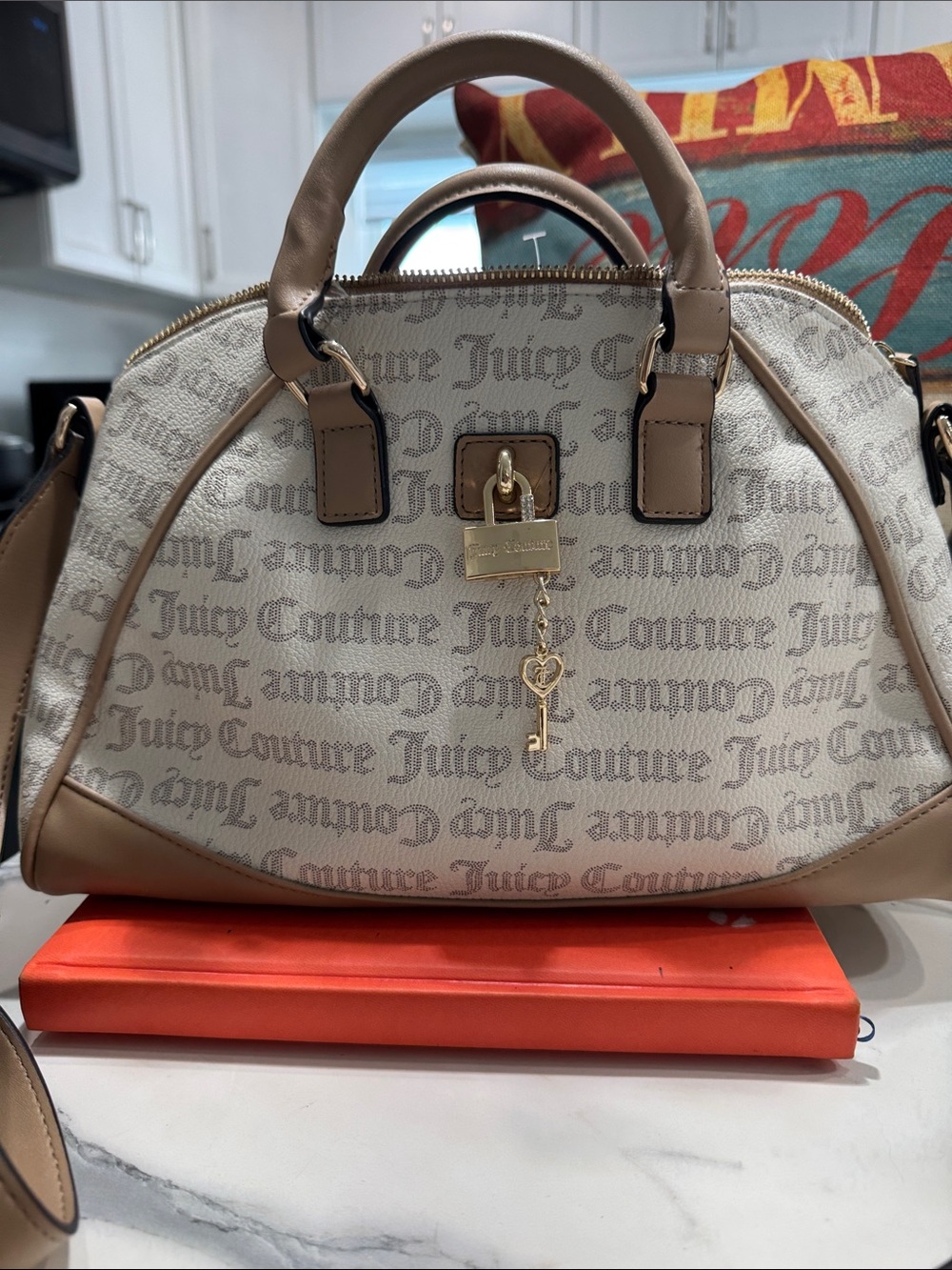 Juicy Couture Beige and Tan Logo Dome Satchel with Gold Charm